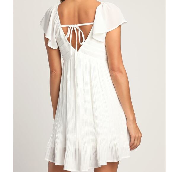 Lulus NWT Amalfi Coast White Pleated Flutter Sleeve Empire A-Line Mini Dress - Picture 7 of 11